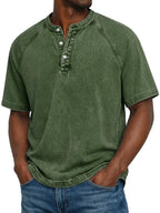 Men Henley Shirt Raglan Short Sleeve Button Neck