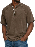 Men Henley Shirt Raglan Short Sleeve Button Neck