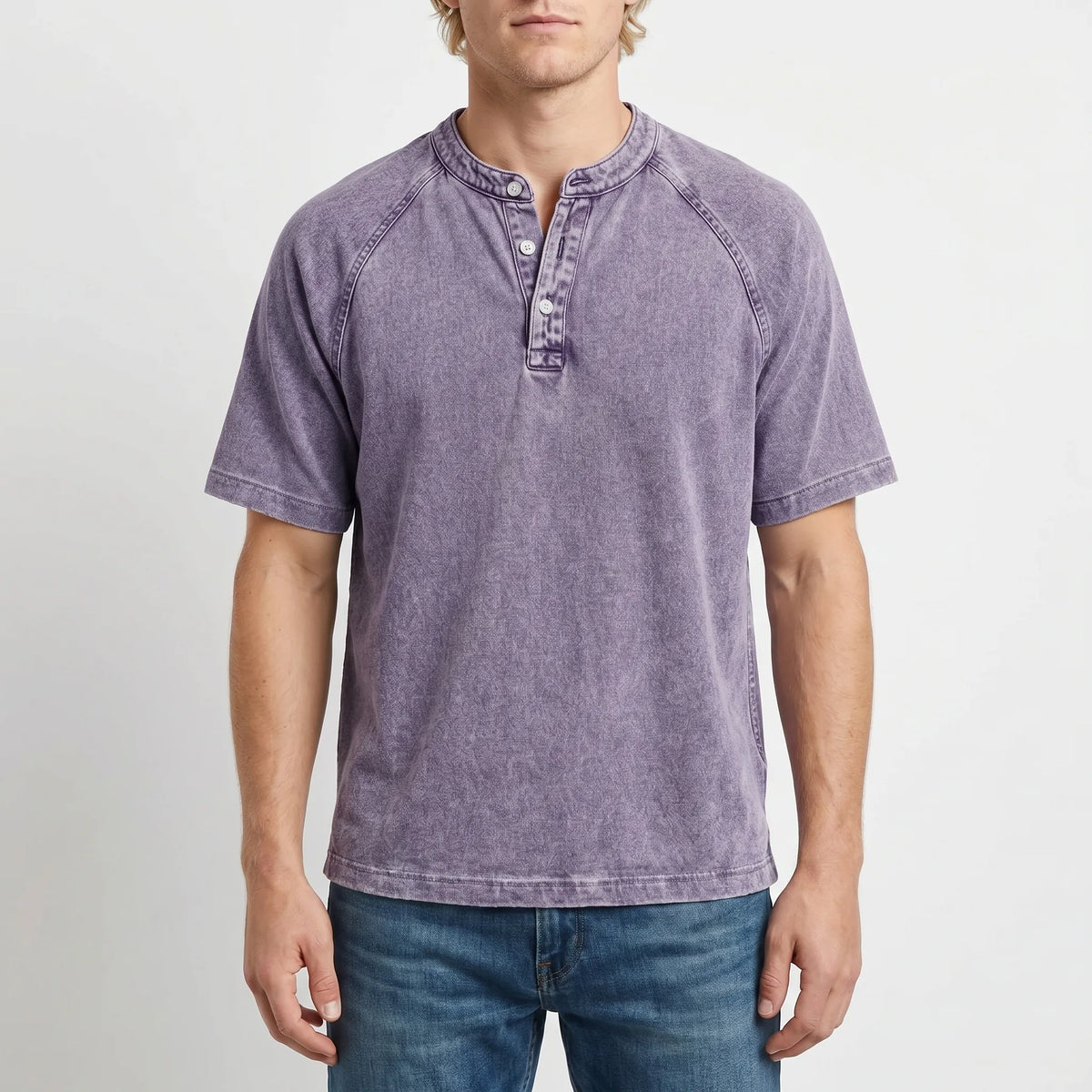 Men Henley Shirt Raglan Short Sleeve Button Neck