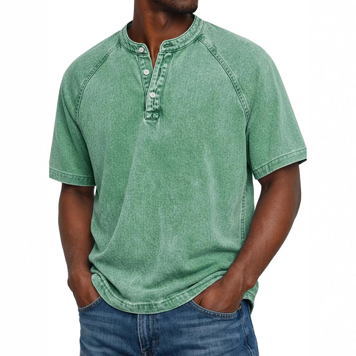 Men Henley Shirt Raglan Short Sleeve Button Neck
