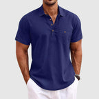Men Linen Shirt Short Sleeve Polo Chest Pocket Horn Button Front
