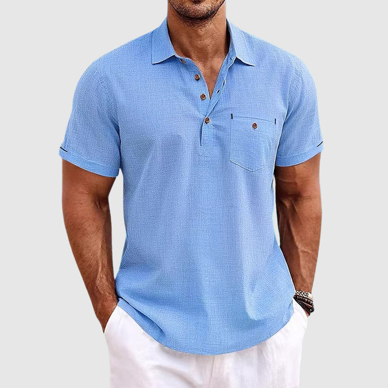 Men Linen Shirt Short Sleeve Polo Chest Pocket Horn Button Front