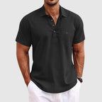 Men Linen Shirt Short Sleeve Polo Chest Pocket Horn Button Front