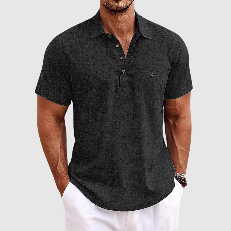 Men Linen Shirt Short Sleeve Polo Chest Pocket Horn Button Front