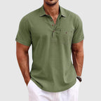 Men Linen Shirt Short Sleeve Polo Chest Pocket Horn Button Front