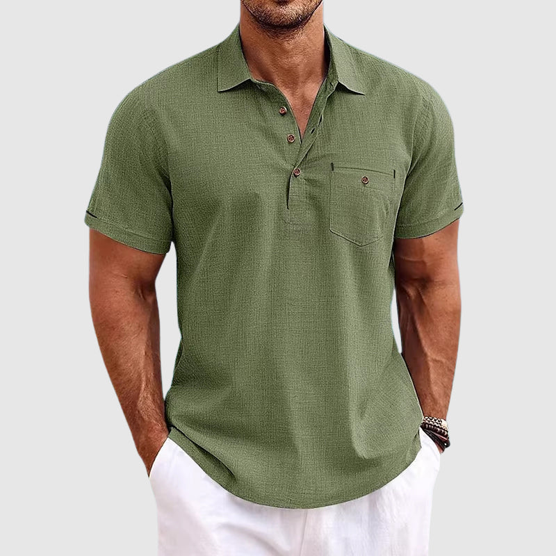 Men Linen Shirt Short Sleeve Polo Chest Pocket Horn Button Front