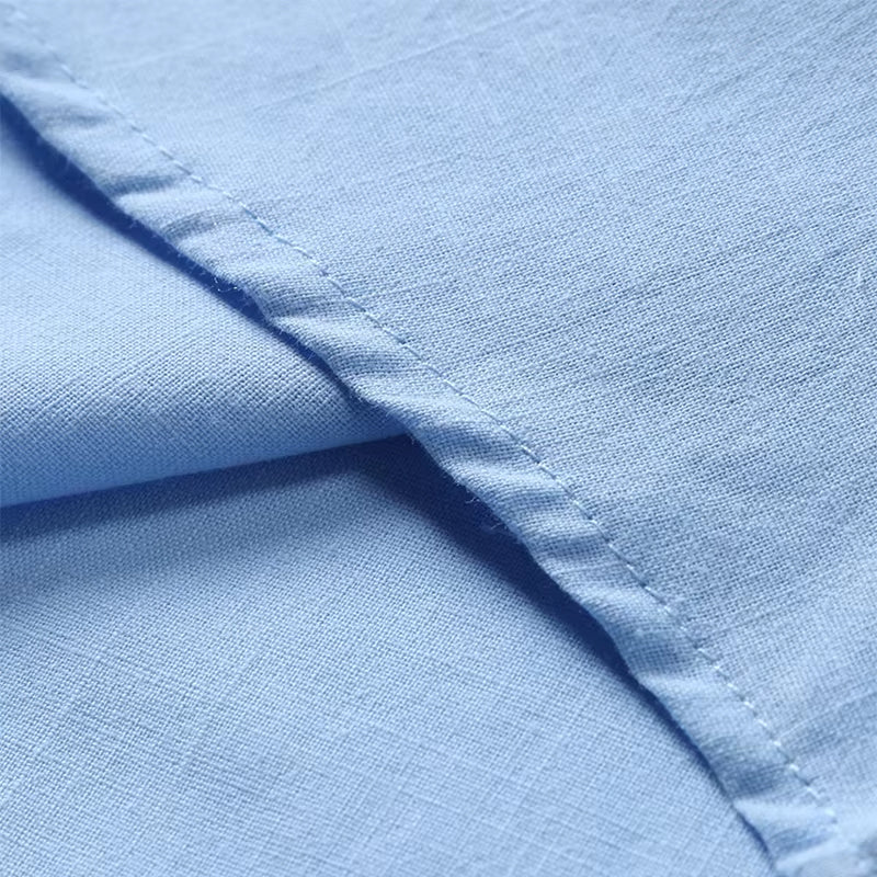 Men Linen Shirt Short Sleeve Polo Chest Pocket Horn Button Front