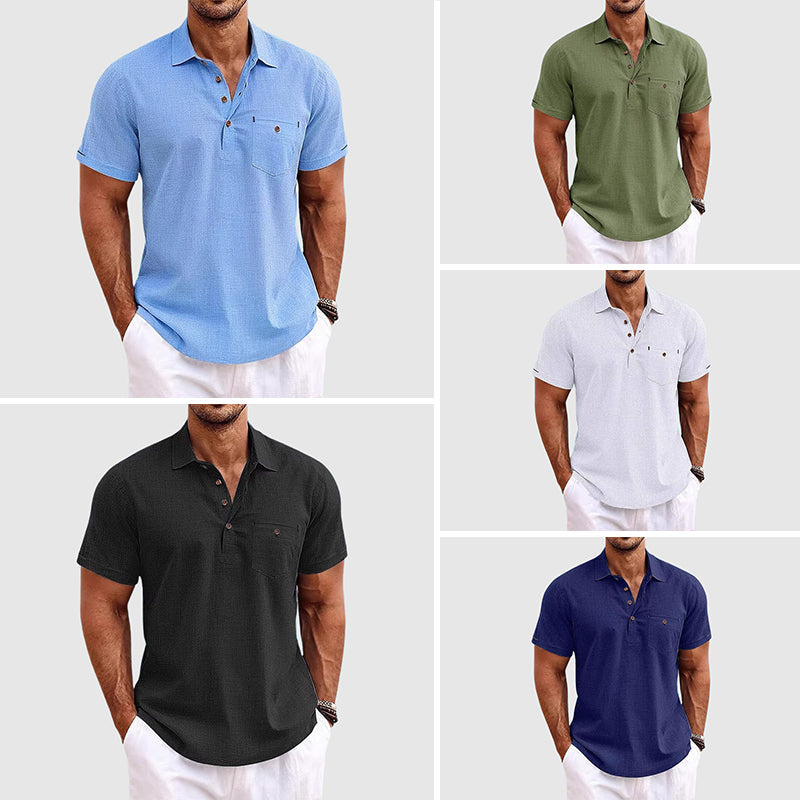Men Linen Shirt Short Sleeve Polo Chest Pocket Horn Button Front