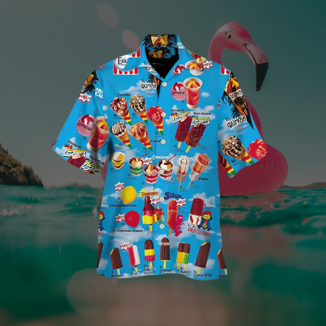 Hawaiian Shirt Men Casual Short Sleeve Ice Cream Graphic Print