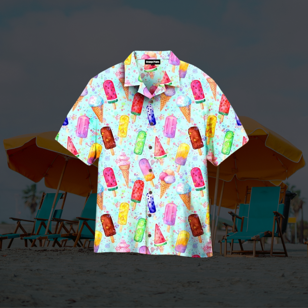 Hawaiian Shirt Men Casual Short Sleeve Ice Cream Graphic Print