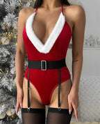 Women Velvet Bodysuit Santa Holiday Red Festive