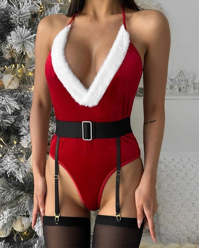 Women Velvet Bodysuit Santa Holiday Red Festive