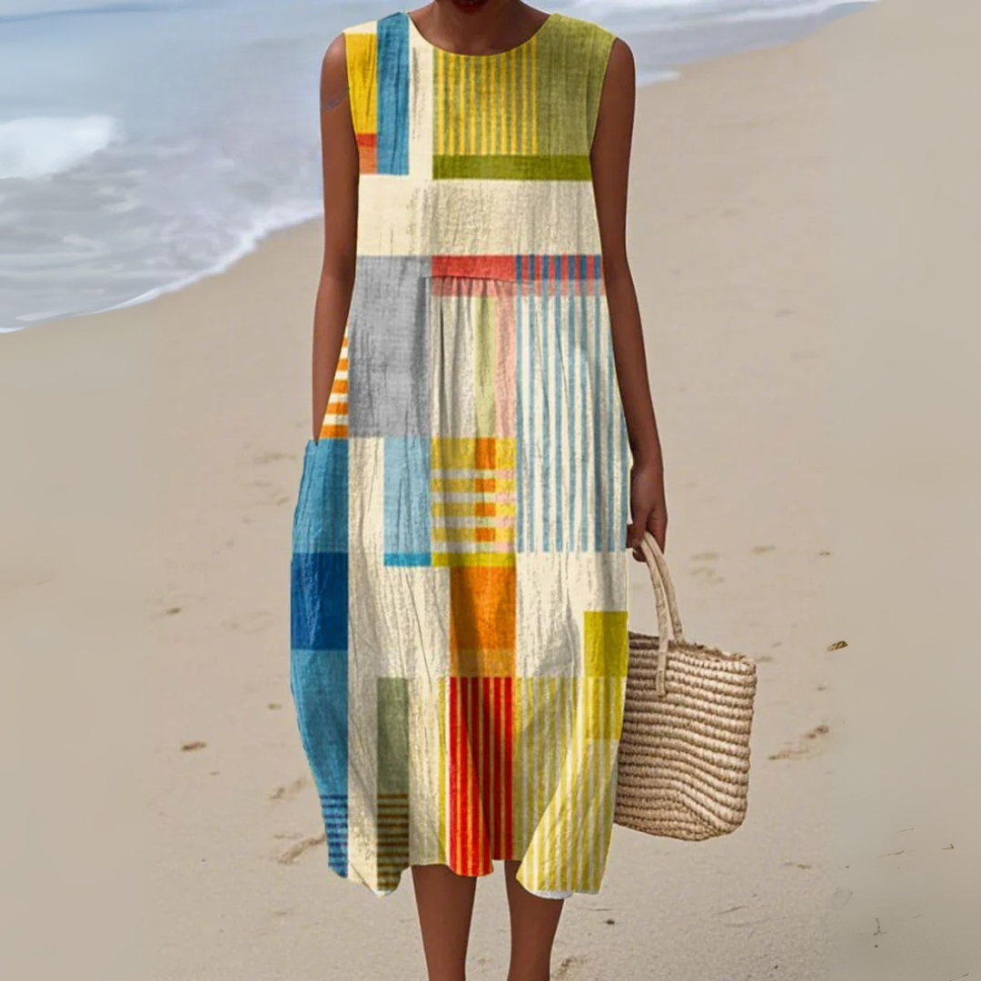 Summer Dress | Vibrant Geometric Print, Sleeveless | Romilly