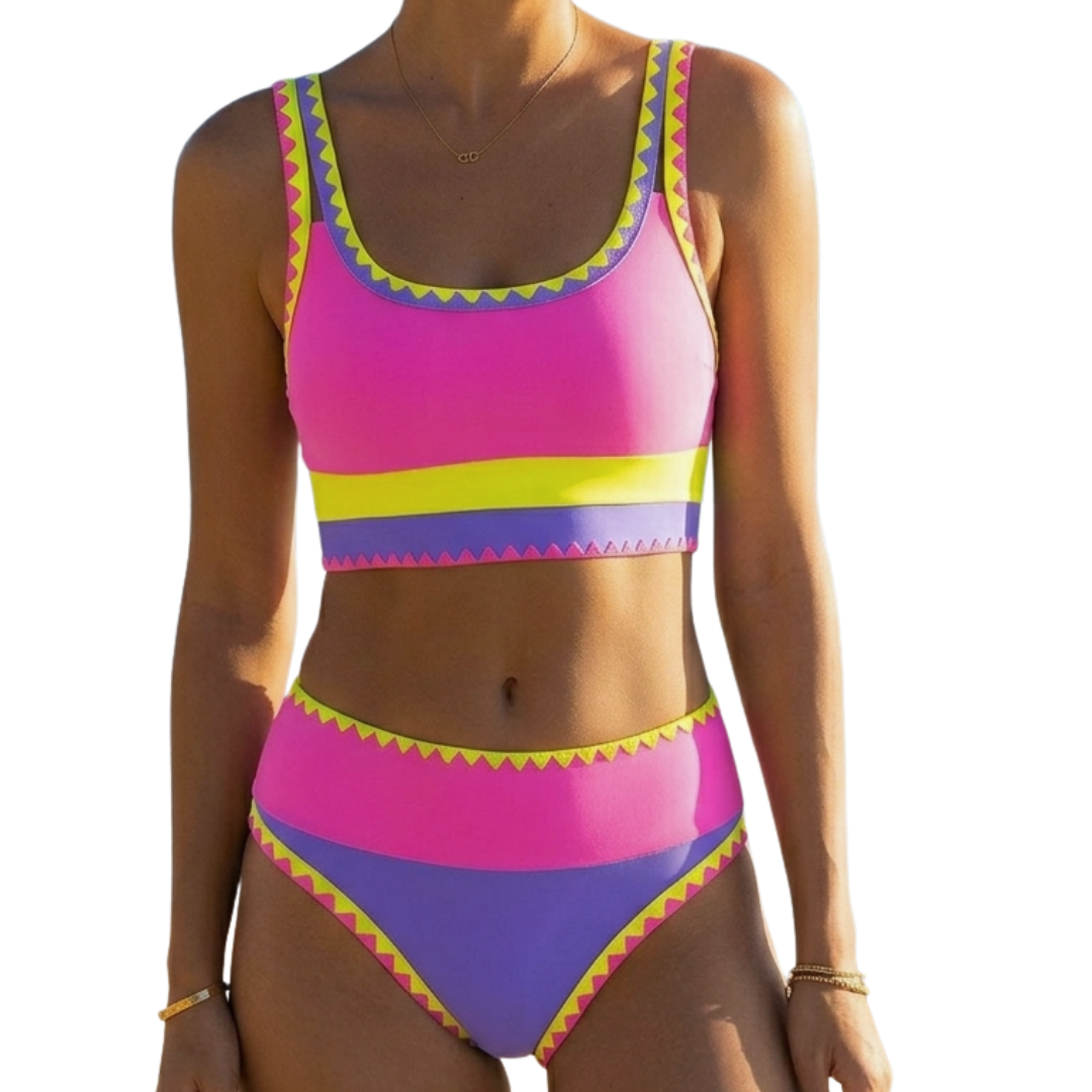 Women 3 Piece Bikini Set Color Block Sporty Zigzag Trim | Faye