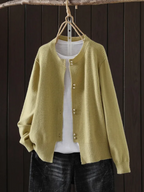 Women Cardigan Pearl Button Crew Neck Relaxed Fit