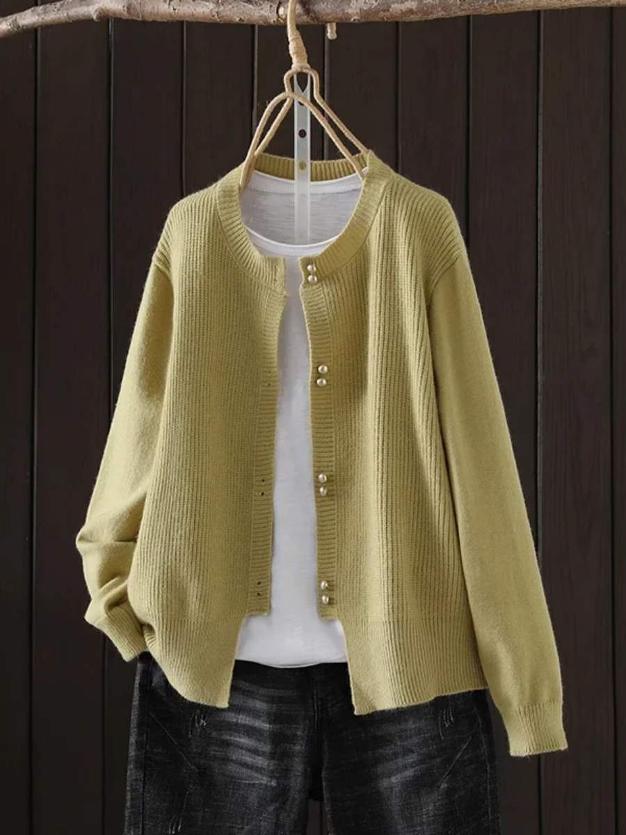 Women Cardigan Pearl Button Crew Neck Relaxed Fit