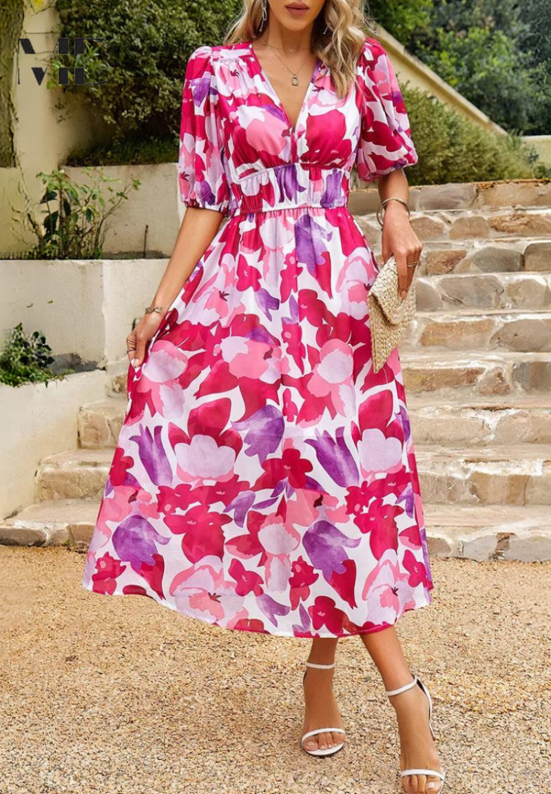 Luna | Floral Midi Dress | Puff Sleeves, Flattering Fit