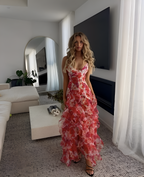 Women Tulle Floral Maxi Dress Plunge Neckline