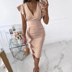 Cocktail Dress Women Deep V Neck Ruffle Cap Sleeve Fitted Midi