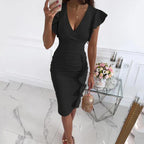 Cocktail Dress Women Deep V Neck Ruffle Cap Sleeve Fitted Midi