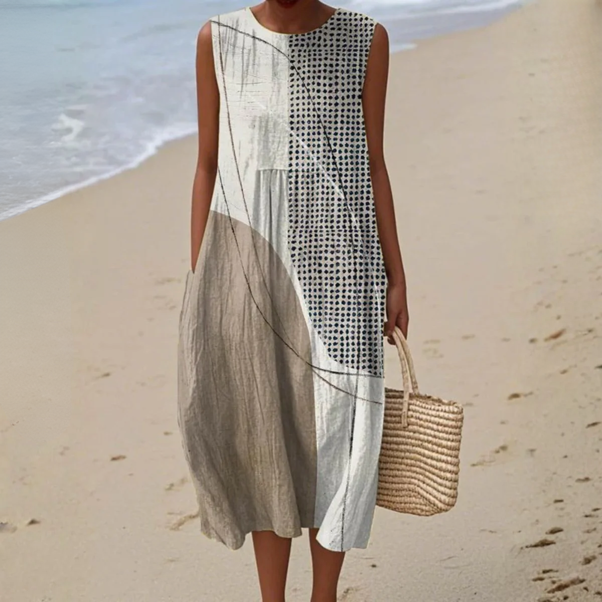 Women Linen Dress Sleeveless Printed Midi | Quinn