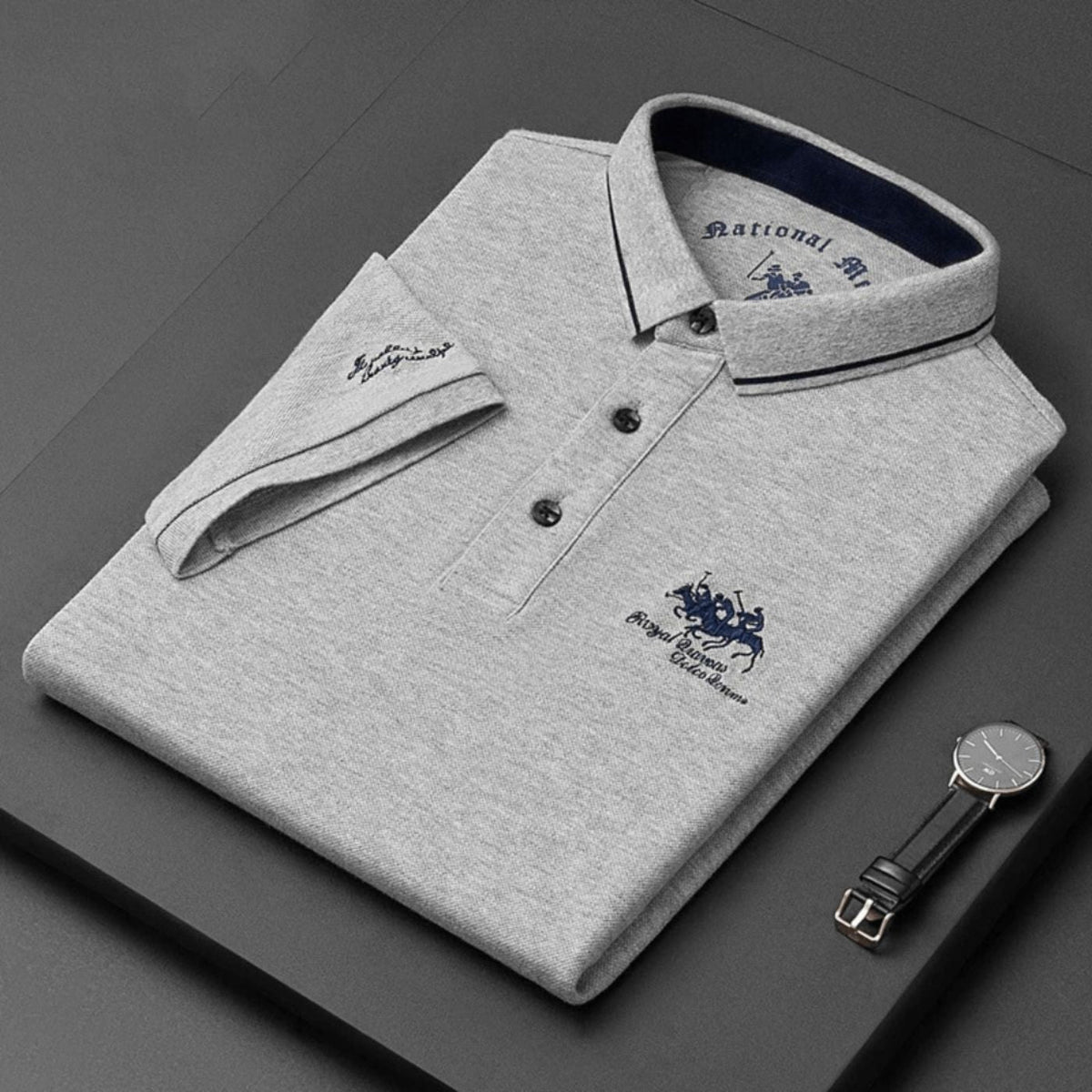 Men Polo Shirt Short Sleeve Embroidered Button Placket