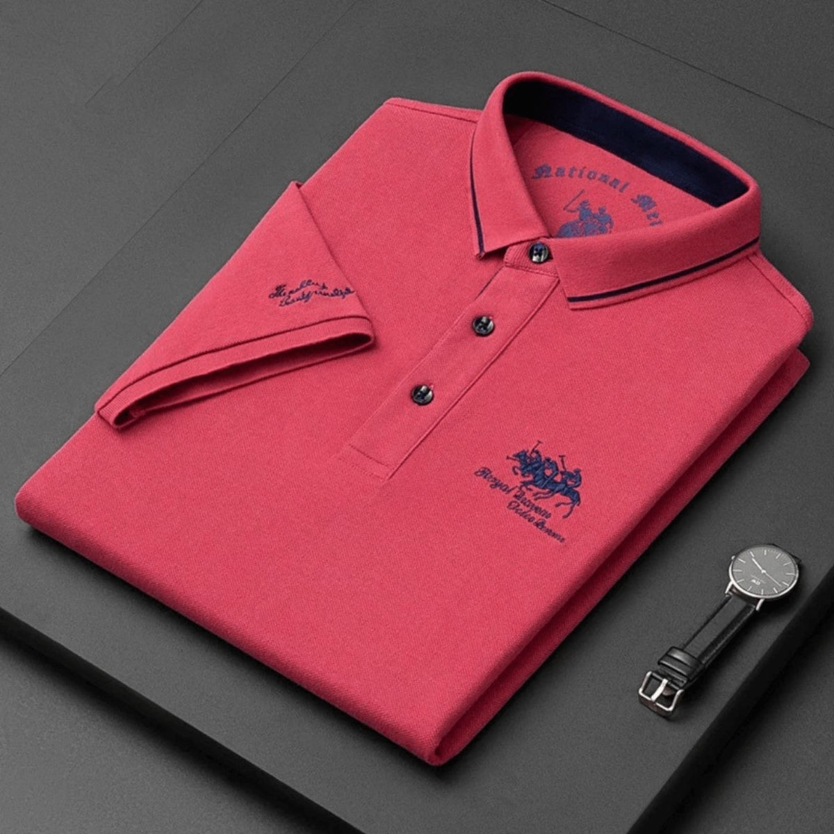 Men Polo Shirt Short Sleeve Embroidered Button Placket