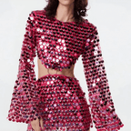 Women Sequin Mini Dress Flared Sleeve Cut-Out
