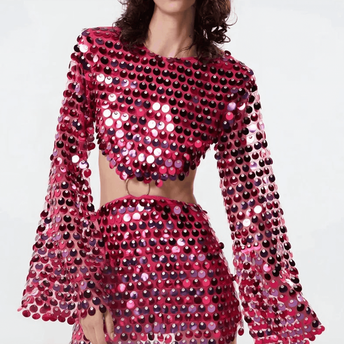 Women Sequin Mini Dress Flared Sleeve Cut-Out
