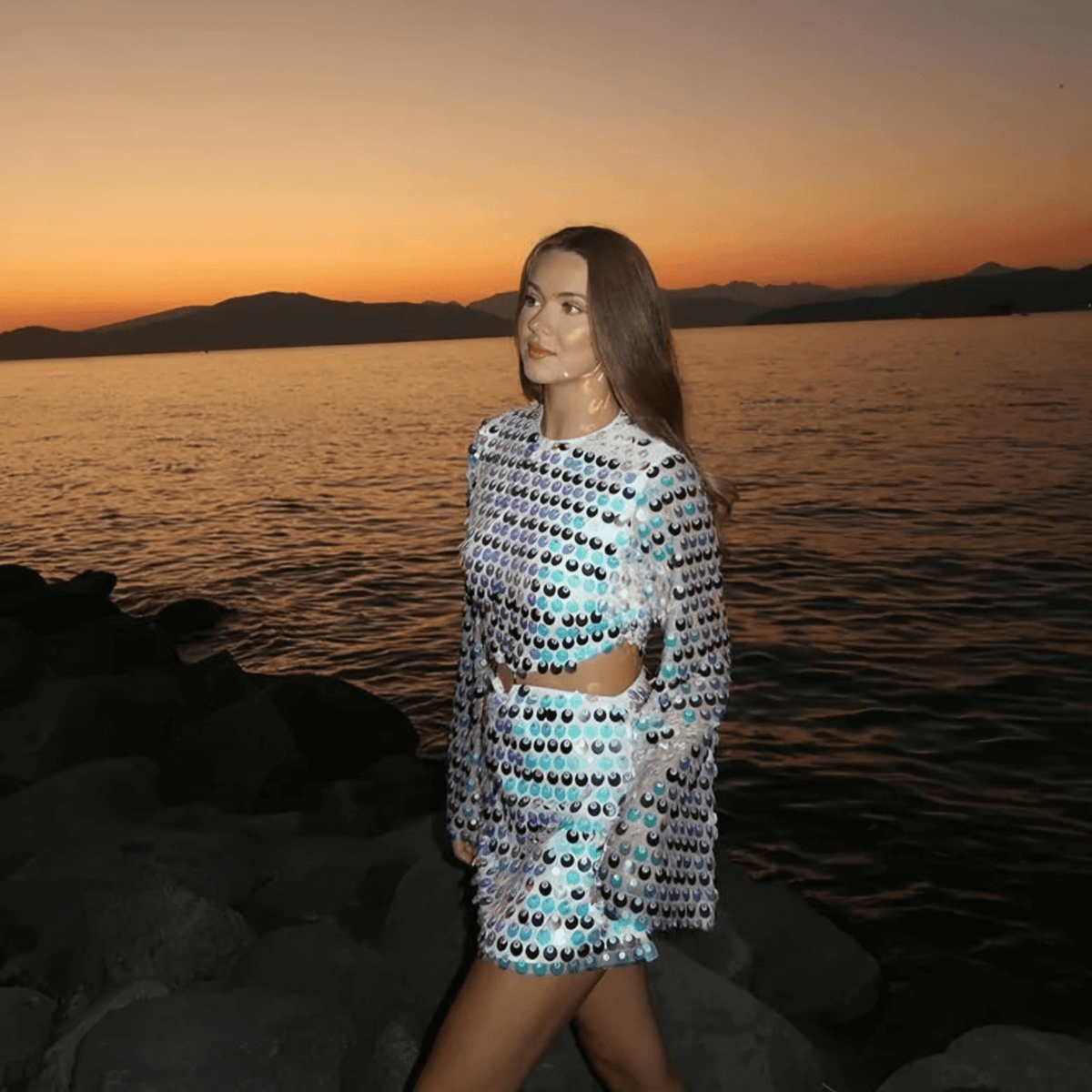 Women Sequin Mini Dress Flared Sleeve Cut-Out