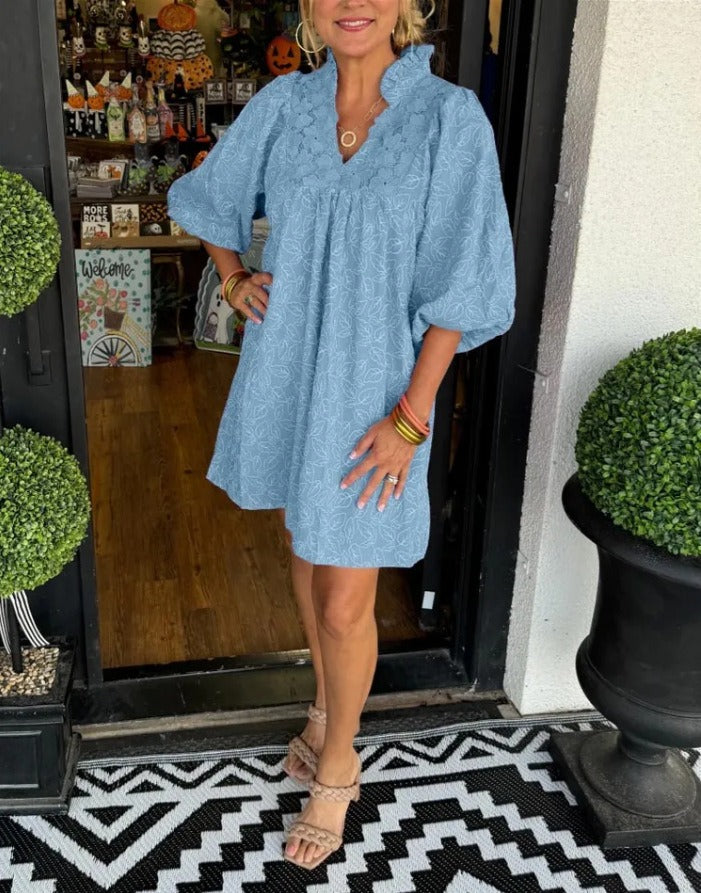 Hazel | Satin Puff Sleeve Dress | Deep V-Neck, Cut-Out