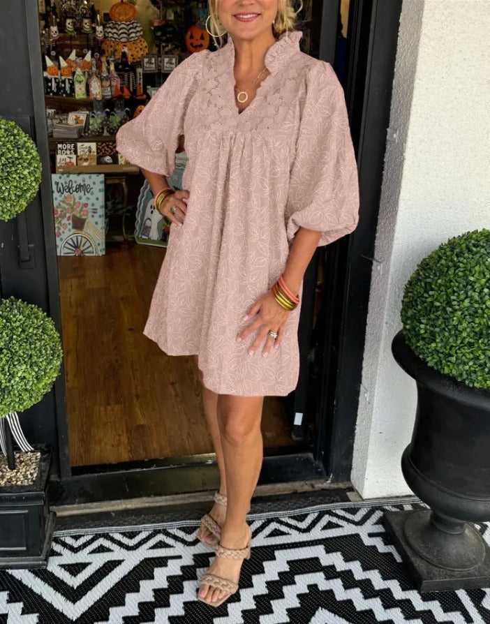 Hazel | Satin Puff Sleeve Dress | Deep V-Neck, Cut-Out