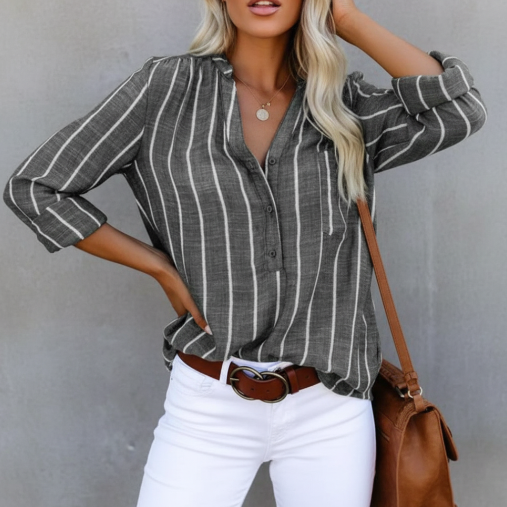Yasmin | Women's Striped Summer Shirt | V-Neck, Loose Fit | Lightweight Cotton
