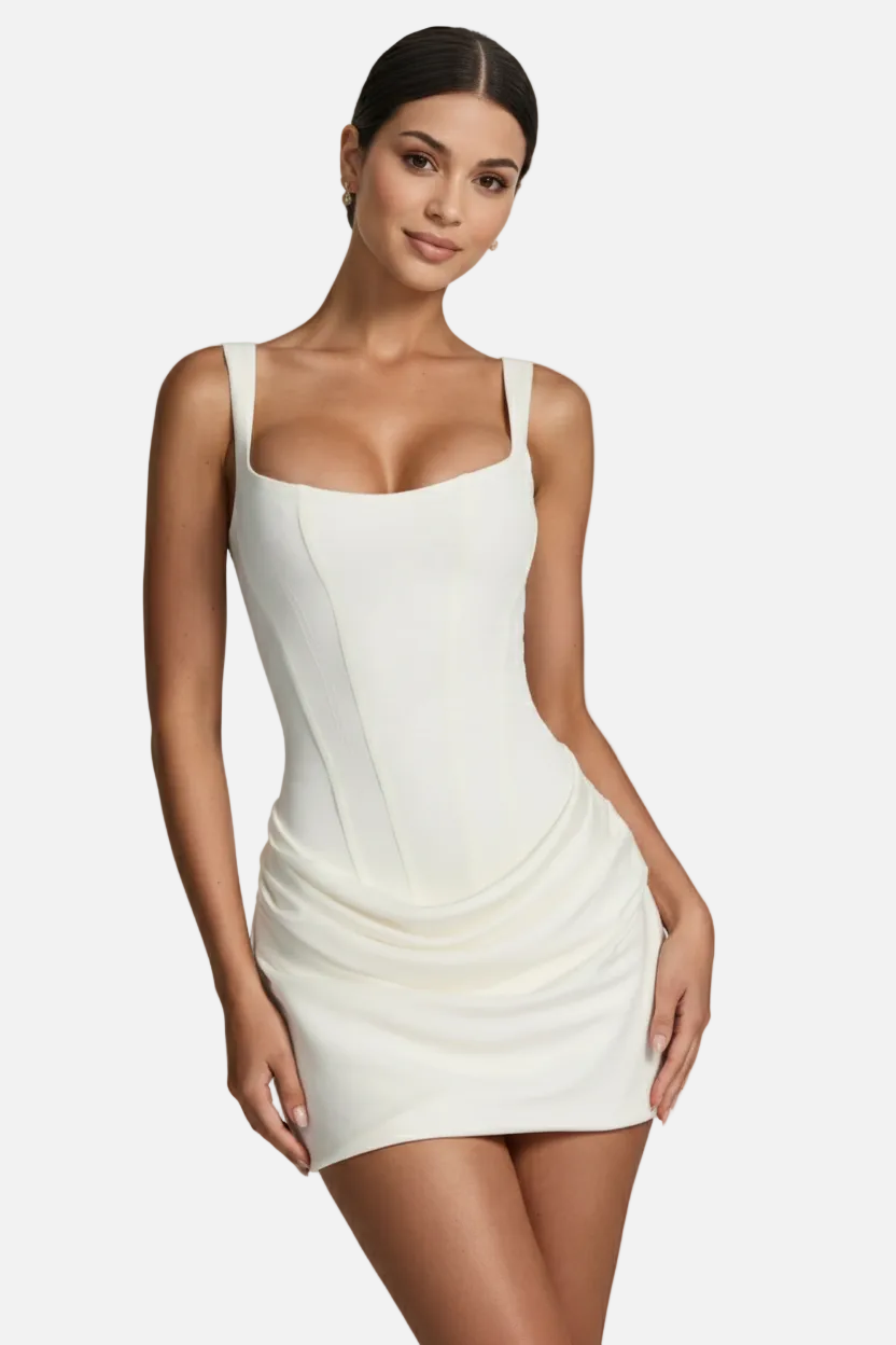 Women Mini Dress Square Neckline Ruched Draped Hem