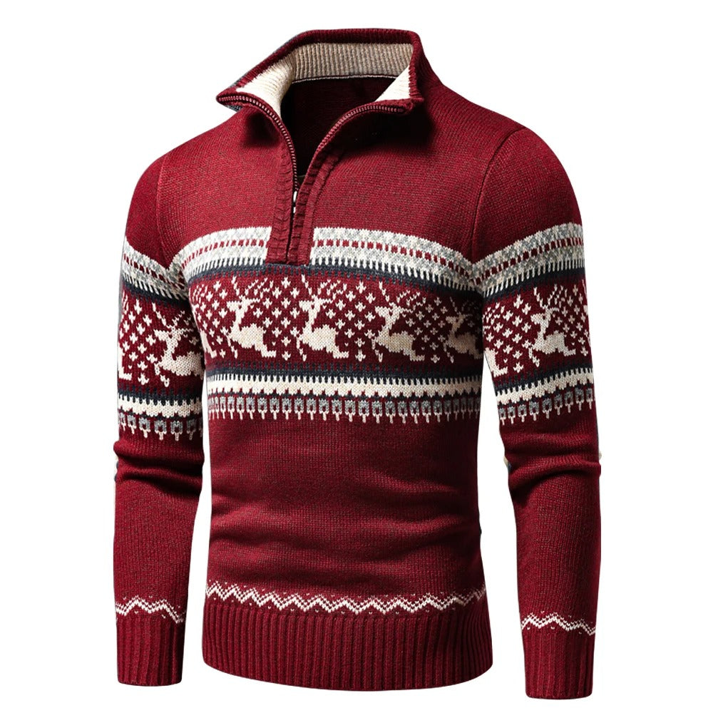 Christmas Jumper Men Knitted Quarter Zip Cotton Blend Winter High Neck
