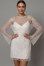 Fleur | Women's Mini Dress | Mesh Overlay, Long Sleeves, Sleeveless Underlayer