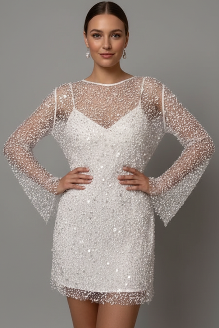 Fleur | Women's Mini Dress | Mesh Overlay, Long Sleeves, Sleeveless Underlayer