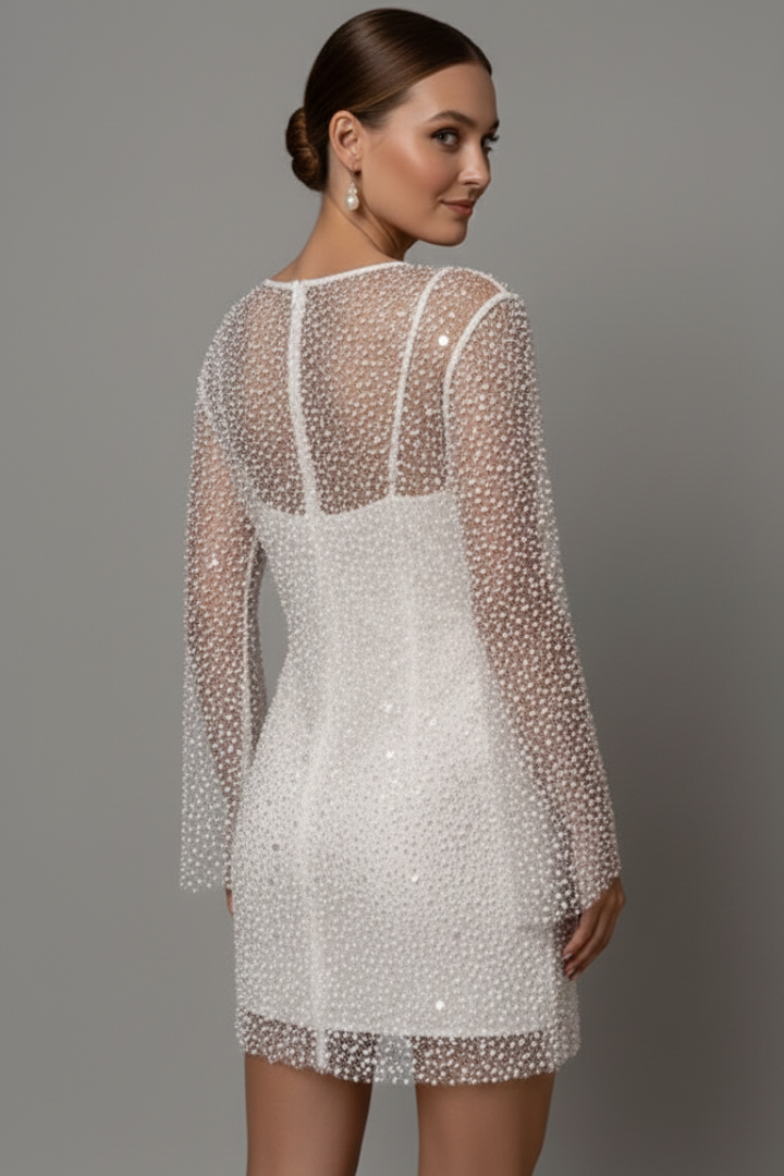 Fleur | Women's Mini Dress | Mesh Overlay, Long Sleeves, Sleeveless Underlayer