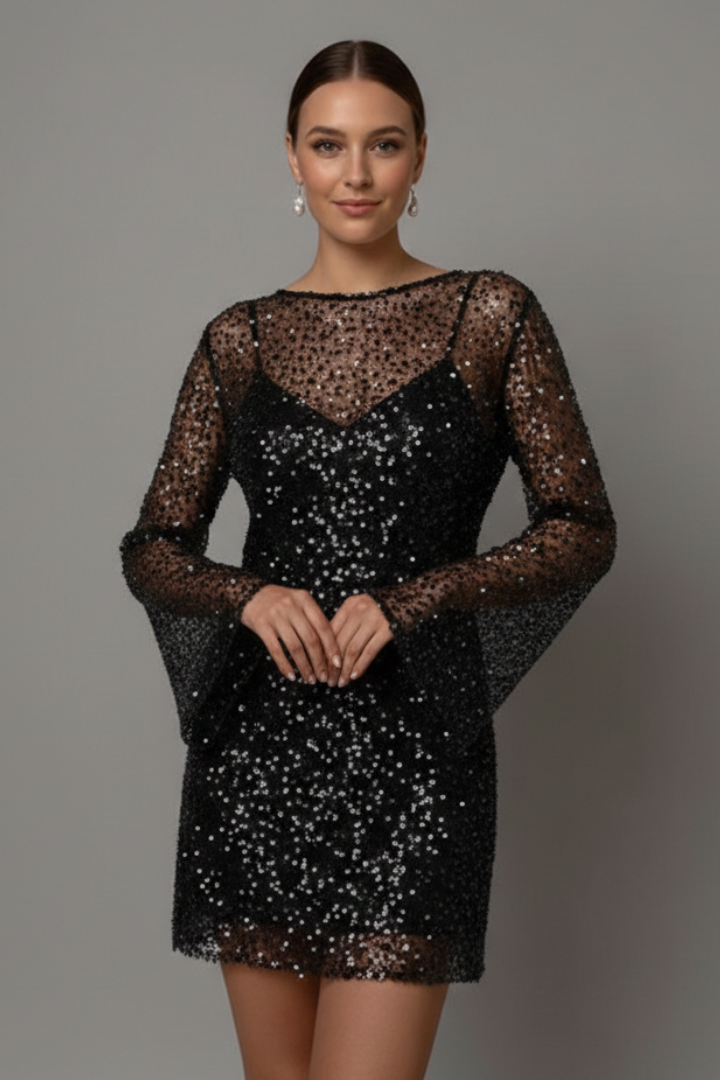 Fleur | Women's Mini Dress | Mesh Overlay, Long Sleeves, Sleeveless Underlayer