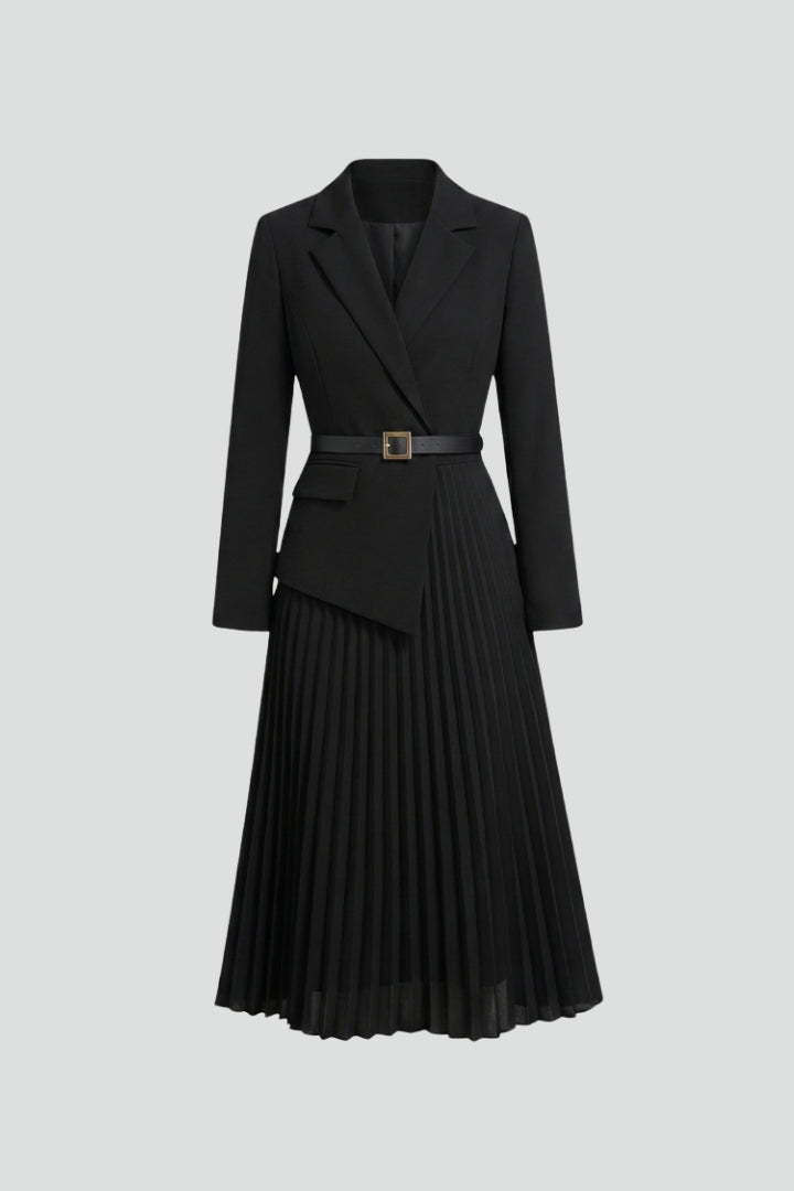 Summer Dress | Belted Blazer Dress | Long Sleeve V Neck Pleated Skirt