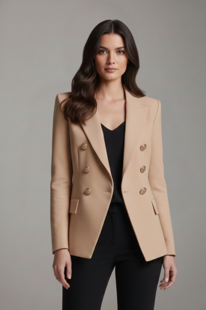 Women Double Breasted Blazer Gold Tone Buttons