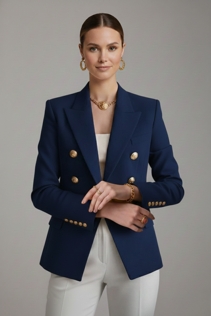 Women Double Breasted Blazer Gold Tone Buttons