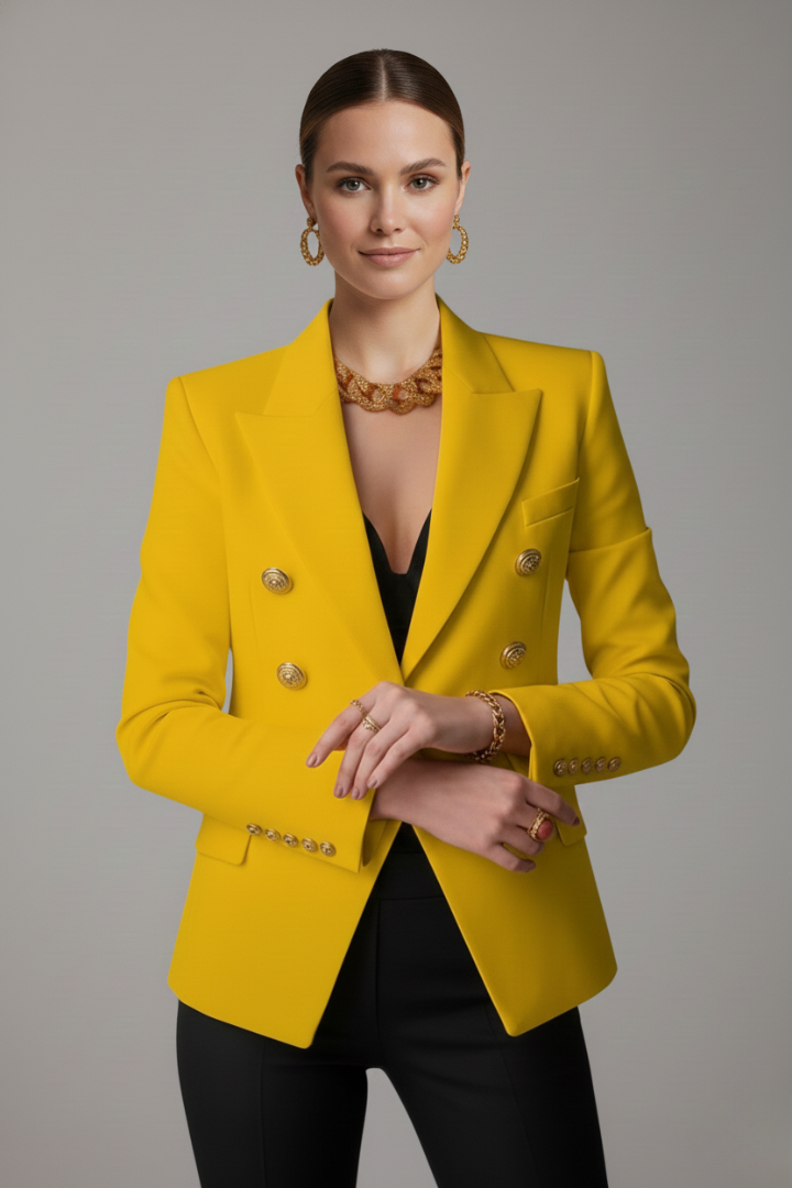 Women Double Breasted Blazer Gold Tone Buttons
