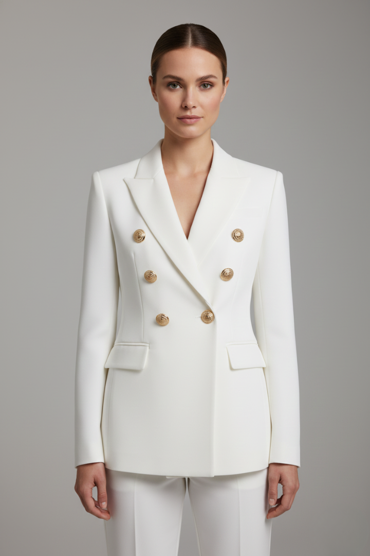 Women Double Breasted Blazer Gold Tone Buttons
