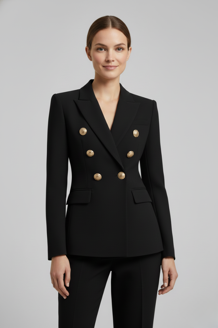Women Double Breasted Blazer Gold Tone Buttons