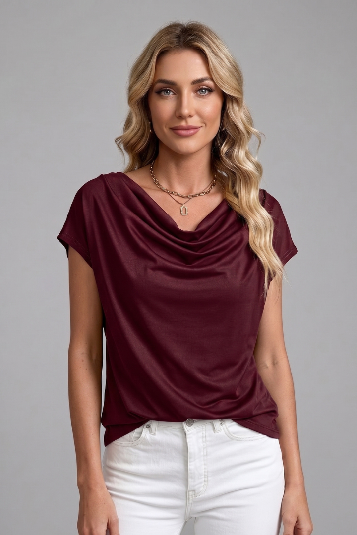 Aria | Women's Blouse | Cowl Neck, Draped Front, Short Sleeve | S–5XL