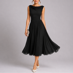 Xena | Women's Pleated Midi Dress | Draped Neckline, Fitted Waist | Sleeveless