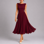 Xena | Women's Pleated Midi Dress | Draped Neckline, Fitted Waist | Sleeveless