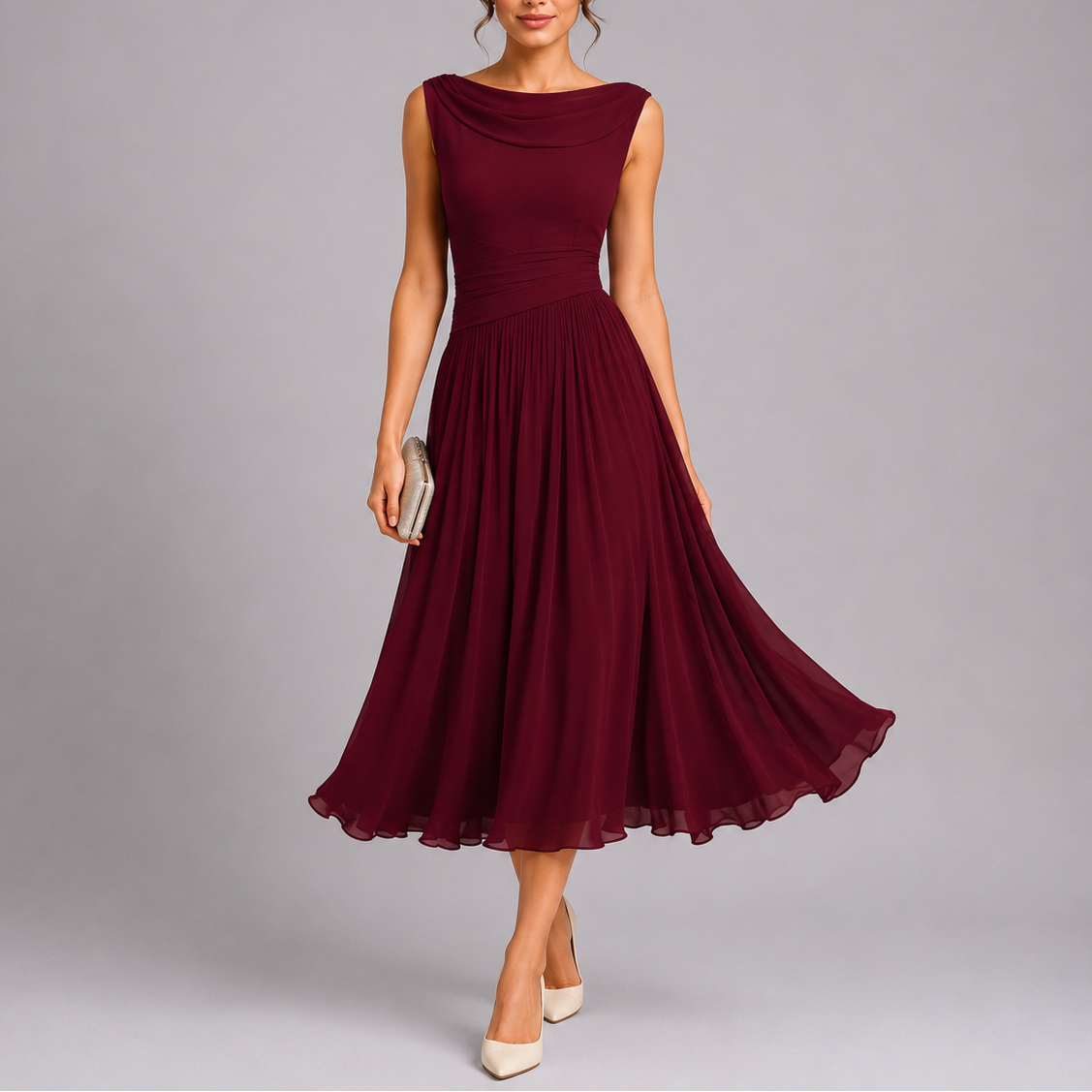 Xena | Women's Pleated Midi Dress | Draped Neckline, Fitted Waist | Sleeveless