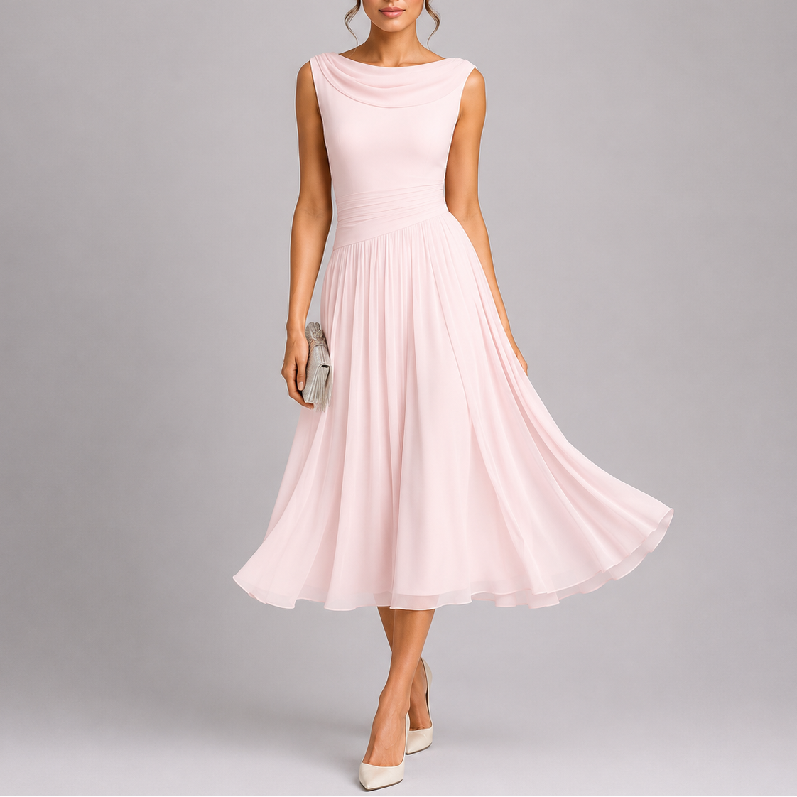 Xena | Women's Pleated Midi Dress | Draped Neckline, Fitted Waist | Sleeveless